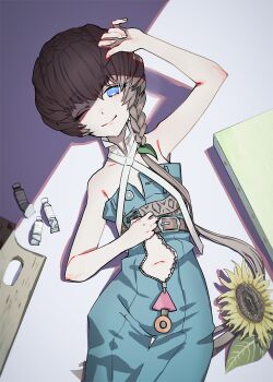 1girl bare_shoulders blue_eyes braid brown_hair canvas_(object) commentary dress fate/grand_order fate_(series) flat_chest flower highres long_hair looking_at_viewer lying on_back one_eye_closed shade smile solo stomach sunflower symbol-only_commentary van_gogh_(fate) waterstaring