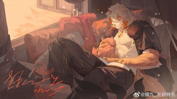1boy abs arknights bara black_coat black_pants book book_on_lap chinese_commentary claws closed_mouth coat colored_tips commentary_request couch dog extra_tails fur-trimmed_coat fur_trim furry furry_male highres horns hung_(arknights) hung_(just_a_driver)_(arknights) komainu_boy komainu_ears komainu_tail male_focus mjj_mianbao multicolored_hair muscular muscular_male on_couch open_book open_clothes open_shirt open_window orange_eyes pants pectorals shirt single_horn watermark weibo_watermark white_shirt window