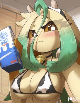 1girl ahoge animal_nose artist_name bell bikini blonde_hair blurry blurry_background blush body_fur breasts bright_pupils brown_eyes brown_fur brown_sclera closed_mouth colored_sclera covered_erect_nipples cow_horns cow_print cow_print_bikini fake_horns female_focus furry furry_female gen_4_pokemon gradient_hair green_hair hairband hand_up holding holding_milk_carton horned_hairband horns indoors jingle_bell large_breasts leafeon looking_at_viewer milk_carton multicolored_hair neck_bell nintendo patreon_logo patreon_username personification pokemon pokemon_(creature) print_bikini rilex_lenov selfie sidelocks skindentation small_horns solo string_bikini two-tone_fur two-tone_hair underboob upper_body watermark web_address white_hairband white_pupils yellow_fur