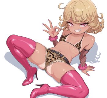 1girl absurdres animal_print arm_support belt belt_buckle bikini_tan blonde_hair boots buckle dark_skin fingernails fishnet_sleeves fishnets flat_chest from_above grin gyaru high_heel_boots high_heels highres latex latex_legwear leopard_print loli long_fingernails mokoyamo nail_polish naughty_face ok_sign one-punch_man pink_eyes pink_nails pink_thighhighs sexually_suggestive shiny_clothes shiny_skin short_hair simple_background skindentation smile smug solo spread_legs swimsuit tan tanline tatsumaki thigh_boots thighhighs white_background