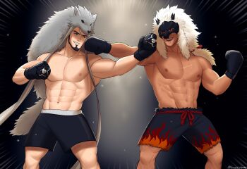 2boys :d absurdres bara beard black_hair black_shorts boxing boxing_gloves character_request commission danny_(felixnosi) dark-skinned_male dark_skin facial_hair feet_out_of_frame flame_print full_beard highres large_pectorals male_focus mature_male monster_hunter_(series) multiple_boys muscular muscular_male open_mouth original pectorals scar scar_on_chest short_hair shorts smile snackstores sparse_chest_hair standing thick_eyebrows topless_male trait_connection wolf_hood wrestler wrestling