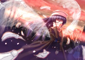 Rule 34 | 1girl, absurdres, amamiya yuuko, black dress, closed eyes, closed mouth, commentary request, dress, ef (visual novel), hat, highres, long hair, outdoors, puritan collar, purple hair, red ribbon, ribbon, sad, smile, solo, toukayutsuki, very long hair, white hat, wings