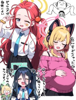 1boy 4girls :d ^_^ animal_ear_headphones animal_ears aqua_halo aris_(blue_archive) arm_behind_back arm_up arms_behind_head black_hair black_hairband black_jacket black_skirt blonde_hair blue_archive blue_jacket blue_necktie blunt_bangs blush bow bra_strap buta_(dhakaoat) cat_ear_headphones cat_ears censored character_censor chibi chibi_inset clenched_hands closed_eyes collarbone collared_shirt commentary_request doodle_sensei_(blue_archive) double-parted_bangs facing_viewer fake_animal_ears flying_sweatdrops food-themed_hair_ornament forehead game_development_department_(blue_archive) green_bow green_halo green_jacket hair_between_eyes hair_bow hair_ornament hairband halo hands_on_own_stomach hands_up headphones highres jacket koharu_(blue_archive) long_bangs long_hair long_hair_between_eyes long_sidelocks long_sleeves looking_at_viewer low-tied_sidelocks lying midori_(blue_archive) momoi_(blue_archive) multicolored_jacket multiple_girls necktie novelty_censor o_o off-shoulder_sweater off_shoulder on_back one_eye_closed one_side_up open_clothes open_jacket open_mouth orange_hair_ornament outline parted_bangs pink_halo pink_sweater pleated_skirt power_symbol pregnant purple_eyes rectangular_halo red_bow red_hair scrunchie sensei_(blue_archive) shirt shirt_tucked_in short_hair siblings sidelocks simple_background sisters skirt smile spread_legs star_(symbol) star_sticker sticker sticker_on_face surprised sweater teeth translation_request twins two-sided_fabric two-sided_jacket u_u upper_teeth_only v very_long_hair white_background white_bow white_jacket white_outline white_shirt wrist_scrunchie yellow_halo yellow_scrunchie yuuka_(blue_archive)