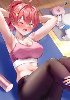 2girls 35p_(sakura_miko) ahoge armpits arms_behind_head arms_up bare_arms black_pants blue_nails blush breasts cleavage commentary_request covered_erect_nipples exercising faubynet green_eyes gym hair_between_eyes hair_ornament hairclip heavy_breathing highres hololive hoshimachi_suisei indoors large_breasts leg_grab midriff multiple_girls nail_polish navel one_eye_closed open_mouth pants pink_hair pink_sports_bra ponytail sakura_miko short_hair sit-up sports_bra sweat takoyaki_(hoshimachi_suisei) teeth upper_teeth_only virtual_youtuber wavy_mouth yoga_mat yoga_pants
