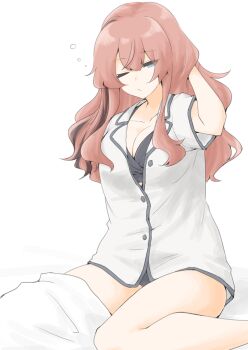 Rule 34 | 1girl, akara kai, black bra, black panties, blanket, blue eyes, blush, bra, breasts, brown hair, commentary request, hair between eyes, highres, kantai collection, large breasts, long hair, looking at viewer, one eye closed, panties, rubbing eyes, saratoga (kancolle), shirt, short sleeves, sitting, solo, squeans, underwear, waking up, wariza, white background, white shirt