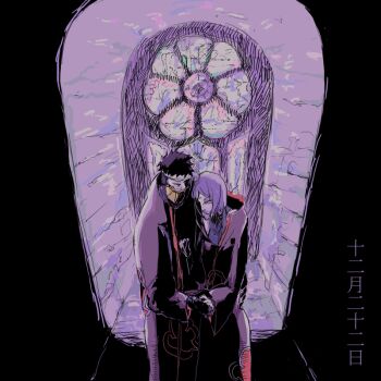1boy 1girl akatsuki_(naruto) akatsuki_uniform black_hair broken_mask holding_hands katouko konan_(naruto) mask naruto_(series) naruto_shippuuden purple_hair short_hair uchiha_obito