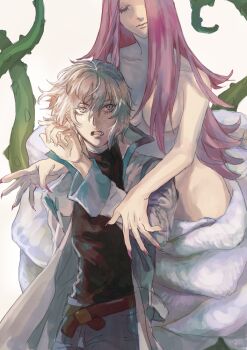 Rule 34 | 1boy, 1girl, alraune, alura une, belt, black shirt, blue eyes, blue pants, blue trim, breasts, castlevania: dawn of sorrow, castlevania (series), coat, fingernails, flower, hair between eyes, large breasts, long fingernails, long hair, monster girl, nude, open mouth, pants, pink hair, pink nails, plant, plant girl, popped collar, salt (reincarnation), sharp fingernails, shirt, short hair, soma cruz, vines, white coat, white hair