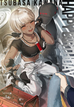 1girl black_bow black_gloves black_hat blonde_hair blush bow breasts character_name clothes_around_waist commentary_request copyright_name gloves hair_bow happy_birthday hat highres holding holding_towel holding_unworn_clothes holding_unworn_hat jewelry kawana_tsubasa kneeling large_breasts long_hair midriff mihen necklace out_of_frame pants ponytail shoes small_sweatdrop smile solo_focus sumino_takumi tank_top the_hundred_line_-last_defense_academy- toolbox towel unused_tire unworn_hat unworn_headwear white_pants white_shoes