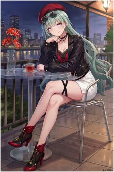 1girl absurdres arm_rest belt beret black_belt black_choker black_jacket breasts casual ceiling_light chair choker city city_lights cleavage closed_mouth cloud collarbone commentary_request crossed_legs cup earrings eyewear_on_head flower glass_table grey_hair hair_ornament hand_on_own_face hand_up hat head_tilt high_heels highres jacket jewelry lamp long_hair long_sleeves looking_at_viewer medium_breasts night official_alternate_costume on_chair open_clothes open_jacket outdoors phrolova_(wuthering_waves) purple_eyes railing red_hat red_shirt river round_table saucer shirt short_shorts shorts sitting smile solo spider_lily sunglasses table teacup thighs tile_floor tiles vase very_long_hair water wavy_hair white_shorts wing_collar wuthering_waves x_hair_ornament xnnagu