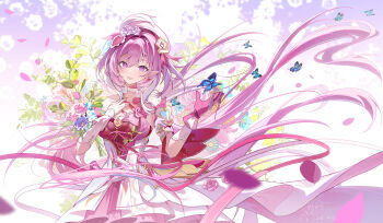 1girl beret bouquet breasts bug butterfly chinese_commentary commentary_request diamond-shaped_pupils diamond_(shape) dress elf elysia_(hi_love_elf)_(honkai_impact) elysia_(honkai_impact) falling_petals flower gloves hat highres holding holding_bouquet honkai_(series) honkai_impact_3rd insect large_breasts long_hair miaogujun multicolored_hair petals pink_hair pointy_ears purple_eyes red_dress smile solo symbol-shaped_pupils two-tone_hair very_long_hair white_dress white_gloves white_hair