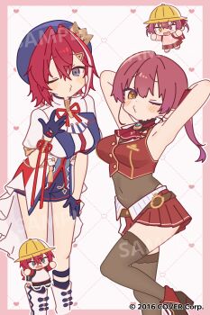 2girls absurdres aged_down alternate_breast_size_(larger) alternate_costume ange_katrina angry ankle_boots armpits arms_behind_head arms_up ascot bare_arms belt beret black_shoes black_shorts blue_gloves blue_hat blue_shorts blue_socks blush boots border breasts brown_belt brown_leotard brown_thighhighs chibi chibi_inset commentary_request contrast_lapels copyright_notice covered_navel cropped_jacket crown_hat_ornament dotted_line double-parted_bangs gloves grid_background hair_between_eyes hair_intakes hair_ornament hand_on_own_thigh hand_up hat heart heterochromia high_heels highres hololive houshou_marine houshou_marine_(1st_costume) jacket lapels large_breasts leg_up leotard leotard_under_clothes long_bangs long_hair looking_at_viewer medium_hair miniskirt multicolored_hair multiple_girls multiple_views neck_ribbon nijisanji official_art one_eye_closed outside_border pink_border pink_shirt pleated_skirt puckered_lips purple_eyes purple_hair red_ascot red_eyes red_hair red_jacket red_ribbon red_skirt ribbon sample_watermark sanbaka_anniversary_outfit school_hat shirt shoes short_sleeves shorts single_wrist_cuff skirt sleeveless sleeveless_jacket socks standing streaked_hair tassel thighhighs triangle_hair_ornament twintails two-tone_hair virtual_youtuber watermark white_background white_boots white_hair white_jacket white_shirt wrist_cuffs wrist_ribbon yellow_eyes yellow_hat yuri_yutaka zettai_ryouiki