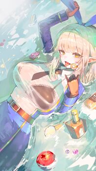 Rule 34 | 1girl, absurdres, apple, belt, black bra, black necktie, blue jacket, blue skirt, bottle, bra, bra visible through clothes, breasts, brown gloves, candy, chaperina philosys, collared shirt, commission, elf, food, fruit, gloves, hair ribbon, highres, holding, holding candy, holding food, holding lollipop, jacket, lace, lace-trimmed bra, lace trim, large breasts, lollipop, long hair, long sleeves, looking at viewer, necktie, nooodle y, open mouth, original, pointy ears, ribbon, see-through clothes, see-through shirt, shirt, shirt tucked in, sidelocks, skirt, smile, solo, tongue, tongue out, underwear, water, wet, wet clothes, wet shirt, white hair, white shirt, yellow eyes
