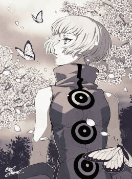 1girl absurdres arms_at_sides bare_shoulders blunt_bangs bug butterfly cherry_blossoms closed_mouth commentary day dress elizabeth_(persona) facing_viewer falling_petals gloves high_collar highres insect looking_to_the_side monochrome outdoors persona persona_3 petals short_hair signature sky sleeveless sleeveless_dress solo symbol-only_commentary tree turning_head turtleneck turtleneck_dress upper_body white_hair yokaroni