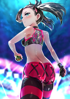 1girl ass asymmetrical_bangs back black_choker black_hair blurry blurry_background blush breasts choker closed_mouth dusk_ball dynamax_band earrings from_behind gloves green_eyes hair_ribbon highres holding holding_poke_ball jewelry looking_to_the_side marnie_(pokemon) medium_breasts night night_sky nintendo official_alternate_costume outdoors pants poke_ball pokemon pokemon_swsh purple_pants ribbon single_glove sky solo sports_bra stud_earrings twintails uenoryoma undercut
