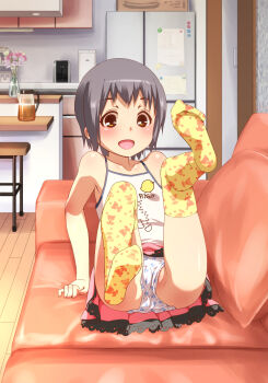 1girl :d animal_print arm_support bear_print blue_hair blush brown_eyes cameltoe casual clothes_lift couch feet female_focus flat_chest grey_hair happy highres loli no_shoes open_mouth original panties pantyshot partially_visible_vulva print_legwear print_panties pussy pussy_peek rabbit_panties rabbit_print short_hair sitting skirt skirt_lift smile socks soles solo thighhighs underwear unmoving_pattern upskirt uz3d white_panties yellow_thighhighs