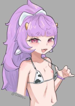 1girl absurdres animal_ears animal_print artist_name bikini bikini_pull blush clothes_pull collarbone cow_ears cow_print cow_print_bikini fang flat_chest highres horns loli long_hair looking_at_viewer messy_hair muu_muyu navel nipples phase_connect pink_eyes ponytail print_bikini purple_hair skin_fang solo ssrfex swimsuit teasing upper_body virtual_youtuber