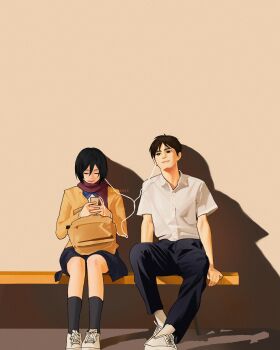 Rule 34 | 1boy, 1girl, bench, black hair, black pants, black skirt, black socks, closed eyes, collared shirt, contemporary, earphones, eren yeager, full body, hair between eyes, highres, jacket, light smile, mikasa ackerman, pants, red scarf, scarf, shared earphones, shingeki no kyojin, shirt, shoes, short hair, short sleeves, sitting, skirt, sneakers, socks, sumiensp, white shirt, white shoes, yellow bag, yellow jacket