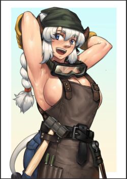 1girl animal_ears apron armpits arms_behind_head bandana blacksmith blue_background blue_eyes blue_pants blush braid braided_ponytail breasts brown_apron brown_horns cleavage commentary cow_girl cow_horns cow_tail cowboy_shot english_commentary goggles goggles_around_neck gradient_background green_bandana hammer highres horns large_breasts long_hair looking_at_viewer nandi_(puchirisu) open_mouth original pants puchirisu smile solo tail tools white_background white_hair