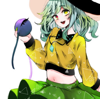 1girl black_hat blouse bow eyeball green_eyes green_hair green_skirt hat heart heart-shaped_pupils holding jewelry komeiji_koishi necklace neon_(co2co8) open_mouth shirt skirt smile solo symbol-shaped_pupils third_eye touhou yellow_shirt