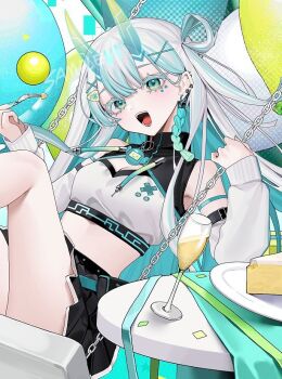 1girl alcohol aqua_eyes aqua_hair bebe_(bebe_pp) black_skirt braid breasts chain champagne champagne_flute cleavage colored_inner_hair cropped_shirt cup detached_sleeves drinking_glass ear_piercing eva_ananova eyelashes facial_mark food fork hair_ornament holding holding_fork horns long_hair multicolored_hair on_swing open_mouth piercing plate sample_watermark skirt solo swing swing_set vyvid watermark white_hair white_sleeves zipper