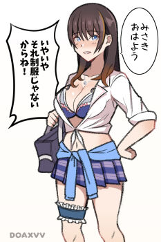 1girl bag bikini bikini_under_clothes blush breasts brown_hair cleavage collar collarbone copyright_name cropped_legs dead_or_alive dead_or_alive_xtreme gyaru hands_on_own_hips highres holding holding_bag jewelry knees konishiki_(52siki) large_breasts legband light_smile long_hair looking_at_viewer multicolored_hair nanami_(doa) navel school_bag school_uniform shirt skirt solo speech_bubble sweater swimsuit teeth thighhighs tied_shirt two-tone_hair white_shirt