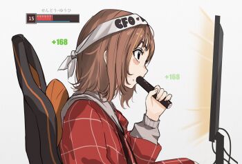 .akuma 1girl brown_hair chair commentary_request computer eating food food_on_face from_side gameplay_mechanics gaming_chair grey_hoodie grid_print hand_up headband highres holding holding_food hood hood_down hoodie jacket league_of_legends long_sleeves makizushi medium_hair monitor puffy_long_sleeves puffy_sleeves red_jacket sendo_yuuhi sendo_yuuhi_(loungewear) simple_background solo sushi swivel_chair virtual_youtuber vspo! white_background white_headband