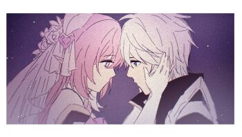 Rule 34 | 1boy, 1girl, blue eyes, border, elf, elysia (herrscher of human: ego) (honkai impact), elysia (honkai impact), hand on another's face, highres, honkai (series), honkai impact 3rd, kevin kaslana, long hair, pink hair, pointy ears, purple background, purple eyes, star (zhongyan88528), upper body, veil, very long hair, white border, white hair, white veil