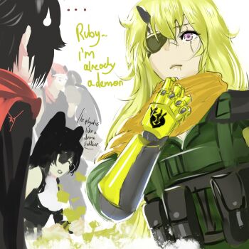 adam_taurus armor big_boss black_hair blake_belladonna cape cosplay english_text ex-trident eyepatch gradient_hair grey_eyes highres horns long_hair mechanical_arms metal_gear_(series) metal_gear_solid metal_gear_solid_v:_ground_zeroes metal_gear_solid_v:_the_phantom_pain military military_uniform multicolored_hair prosthesis prosthetic_arm red_cape red_hair ruby_rose rwby scar scar_across_eye scar_on_face short_hair single_horn single_mechanical_arm venom_snake venom_snake_(cosplay) yang_xiao_long