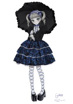 1girl artist_name ascot black_jacket black_shoes black_umbrella blue_eyes blue_skirt blunt_bangs blush commentary_request dated drill_hair floral_print floral_print_skirt frilled_skirt frilled_umbrella frills full_body gatou_(gatou_illust) grey_hair hairband head_tilt highres holding holding_umbrella jacket juliet_sleeves lace-up lolita_hairband long_eyelashes long_sleeves looking_at_viewer original pantyhose parasol pigeon-toed platform_heels print_skirt puffy_sleeves shoes short_hair simple_background skirt solo standing twin_drills umbrella white_ascot white_background white_pantyhose