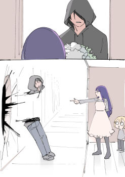 1girl 2boys chainsaw_man death dress finger_gun good_end highres hood hood_up hoshino_ai hoshino_aquamarine kaibara_ryousuke mother_and_son multiple_boys oshi_no_ko pants parody scene_reference shirt standing theterm000