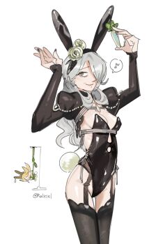 1boy 1girl alternate_costume alternate_hair_length_(longer) alternate_hairstyle animal_ear_hairband animal_ears black_leotard black_nails black_shrug black_thighhighs bound breasts chibi chibi_inset cleavage cogita_(pokemon) daikon fake_animal_ears fake_tail fingernails flower food furrowed_brow garter_straps grey_eyes grey_hair hair_flower hair_ornament hair_over_one_eye hairband hands_up highres holding holding_food holding_vegetable juliet_sleeves leotard long_hair long_sleeves looking_at_viewer mature_female musical_note nail_polish nintendo playboy_bunny pokemon pokemon_legends:_arceus puffy_sleeves rabbit_ears rabbit_tail radish raliciel rose shrug_(clothing) small_breasts smile solo spoken_musical_note strapless strapless_leotard suspension tail thighhighs vegetable volo_(pokemon) white_flower white_rose