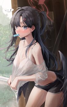 1girl absurdres alternate_costume alternate_hairstyle black_hair black_shorts black_wings blue_archive blush bra commentary_request dolphin_shorts food food_in_mouth grey_eyes haine_(artist) hair_ornament hairclip halo highres ichika_(blue_archive) long_hair looking_at_viewer low_wings melting_popsicle popsicle popsicle_in_mouth rain red_halo see-through_clothes see-through_shirt shirt shorts single_bare_shoulder single_off_shoulder solo taking_shelter thighs underwear unusually_open_eyes wet wet_clothes wet_shirt white_bra white_shirt wings