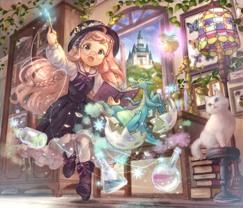 2girls animal black_dress black_footwear blue_eyes book book_stack bookshelf boots bottle bow braid castle cat dragon dress egg fairy fairy_wings fantasy female_focus flower framed_insect glasses hair_bow hat hat_flower highres holding holding_book holding_wand lamp long_hair magic mini_person minigirl multiple_girls nanami_tomorou open_mouth original pink_hair pointy_ears potion purple_bow rimless_eyewear scales signature twintails wand white_legwear window wings yellow_dress