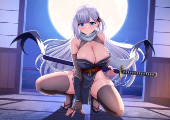 1girl absurdres alternate_costume armpit_crease azur_lane bare_hips bare_shoulders blue_eyes breasts cleavage crane_enthusiast dutch_angle elbow_gloves expressionless fingerless_gloves full_moon gloves groin hand_on_ground highres holding holding_sword holding_weapon japanese_clothes katana large_breasts long_hair looking_at_viewer moon neckerchief night ninja ninjatou obi pelvic_curtain perspective sandals sash shiny_skin short_sword shoukaku_(azur_lane) skindentation solo squatting sword tabi tatami thick_thighs thighhighs thighs very_long_hair weapon white_hair zouri
