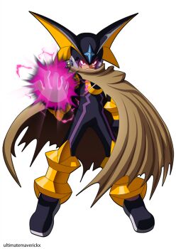 1boy bass.exe_(mega_man) black_bodysuit black_helmet bodysuit brown_cloak cloak facial_mark fins forehead_jewel head_fins helmet male_focus mega_man_(series) mega_man_battle_network_(series) netnavi official_style red_eyes simple_background solo tagme ultimatemaverickx
