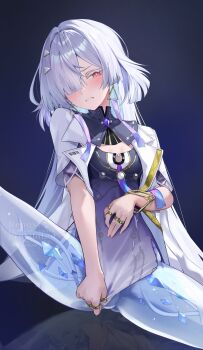 1girl absurdres blush breasts colored_eyelashes commentary dress dress_tug earrings embarrassed fingernails gradient_clothes gradient_dress grey_hair hair_intakes hair_ornament hair_over_one_eye highres jacket jewelry long_hair looking_at_viewer mornye_(wuthering_waves) multiple_rings parted_lips pi_tayuko prosthesis prosthetic_leg purple_dress red_eyes ring short_dress sitting small_breasts solo spread_legs triangle_earrings white_jacket wuthering_waves