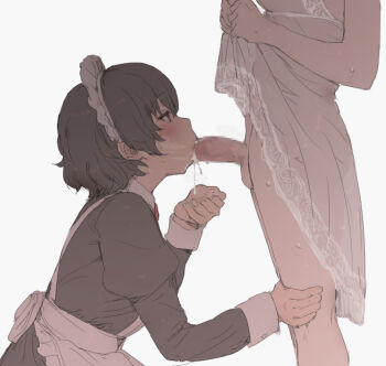 1futa 1girl :&gt;= black_hair blush breasts censored clothes_lift cum cum_in_mouth cum_overflow cupping_hands dress dress_lift fellatio from_side futa_with_female futanari futanari-sama_(mdf_an) has_uncensored_version juliet_sleeves lifting_own_clothes long_sleeves maid maid_headdress mdf_an medium_breasts mosaic_censoring oral original own_hands_together penis puffy_sleeves short_hair short_hair_maid_(mdf_an) simple_background solo_focus testicles white_background yuri