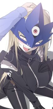 1girl beelstarmon black_coat black_gloves blonde_hair breasts closed_eyes coat commentary_request digimon digimon_(creature) digimon_story:_time_stranger eye_mask gloves highres large_breasts long_hair mask open_mouth simple_background smile third_eye underboob yotsumoto_yuu