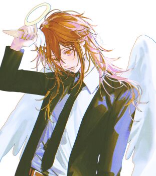 Rule 34 | 1boy, androgynous, angel, angel devil (chainsaw man), angel wings, arm up, belt, black jacket, black necktie, chainsaw man, closed mouth, collared shirt, double-parted bangs, food in hair, hair between eyes, halo, highres, holding, ice cream cone, inuo (inuo x), jacket, long hair, long sleeves, male focus, necktie, red eyes, red hair, shirt, shirt tucked in, simple background, solo, suit jacket, white background, white shirt, wing collar, wings