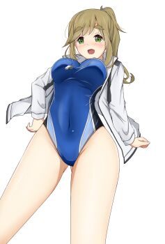1girl blue_one-piece_swimsuit breasts brown_hair competition_swimsuit covered_navel fang feet_out_of_frame from_below hashtag-only_commentary highleg highleg_one-piece_swimsuit highres inuyama_aoi jacket large_breasts long_hair one-piece_swimsuit ponytail simple_background skin_fang solo swimsuit thick_eyebrows white_background white_jacket yasuc yurucamp