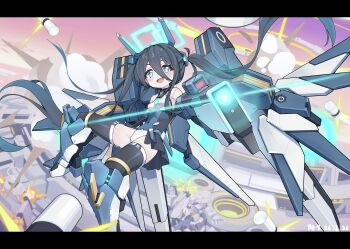 1girl absurdres aqua_halo aris_(armed)_(blue_archive) aris_(blue_archive) bare_shoulders black_hair blue_archive blue_eyes blue_necktie breasts closed_mouth commentary_request double-parted_bangs full_body gun hair_between_eyes halo headgear highres holding holding_gun holding_weapon leotard long_hair long_hair_between_eyes looking_at_viewer mecha_musume mechanical_arms mechanical_legs mechanical_wings midriff necktie official_alternate_costume official_alternate_hairstyle railgun rectangular_halo ringed_eyes short_necktie showgirl_skirt small_breasts smile solo thighhighs twintails v-shaped_eyebrows very_long_hair weapon white_leotard wings yangge