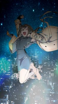 Rule 34 | 1girl, :d, black-framed eyewear, black shirt, black skirt, braid, braided ponytail, breasts, brown coat, brown hair, building, cigarette, city, city lights, cityscape, clenched hand, coat, coat partially removed, detective, detexted, glasses, gloves, highres, kotoyama, kurono (user nwfu3274), long sleeves, looking at viewer, medium breasts, midair, night, official art, one eye closed, open mouth, over-rim eyewear, pencil skirt, round eyewear, semi-rimless eyewear, shirt, short sleeves, single braid, skirt, sky, smile, solo, third-party edit, uguisu anko, white footwear, yofukashi no uta