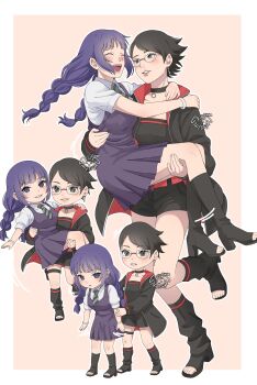 2girls belt black_eyes black_hair black_jacket blush boruto:_naruto_next_generations boruto:_two_blue_vortex bracelet braid braided_ponytail carrying carrying_person chibi choker closed_eyes dress earrings glasses high_heels jacket jewelry kakei_sumire multiple_girls naruto_(series) necktie open_mouth princess_carry purple_eyes purple_hair short_hair short_sleeves striped_necktie toes uchiha_sarada xuyachuya yuri