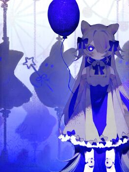 1girl animal_ear_headwear balloon blue_eyes blue_theme bow bright_pupils carousel doll_joints dress fake_animal_ears feet_out_of_frame hair_bow hair_over_one_eye highres joints long_hair looking_at_viewer one_eye_covered original solo standing star-shaped_pupils star_(symbol) symbol-shaped_pupils tokagami very_long_hair white_pupils