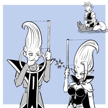 anger_vein beerus breasts cleavage dr._arinsu dragon_ball dragon_ball_daima dragon_ball_super floating_hair halo highres ireba_sui large_breasts measuring_stick mohawk nose_bubble pointy_ears shin_(dragon_ball) sweatdrop whis white_hair