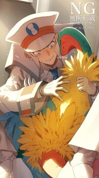 1boy absurdres archeops battle_damage blue_necktie claws closed_eyes coat collared_shirt dinosaur emmet_(pokemon) fang feathered_dinosaur feathers gen_5_pokemon gloves grey_eyes grey_hair hat highres hug indoors light_rays male_focus necktie nintendo nuzzle pants pokemon pokemon_(creature) pokemon_bw raku_nai_funi rubbing shirt shoes short_hair sideburns sitting smile socks sweat tail tearing_up white_coat white_gloves white_hat white_pants white_shirt white_shoes white_socks wings