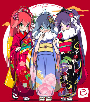 2025 3girls alternate_costume aqua_eyes black_kimono black_shoes blue_hair blue_kimono blush bow bright_pupils camellia_print closed_mouth colored_tips dated_commentary feather_boa floral_print floral_print_kimono flower fubukihime full_body fur_(clothing) furisode green_eyes green_sash grey_hair hagoita hair_between_eyes hair_flower hair_ornament hands_up high_ponytail highres holding holding_paddle huge_bow hyakkihime japanese_clothes kimono long_hair looking_at_viewer morning_glory_print multicolored_hair multiple_girls new_year obi obi_bow obiage obijime open_mouth paddle peony_print ponytail princess_yokai print_kimono purple_eyes purple_hair red_background red_hair red_kimono red_sash sandals sash shoes sleeves_past_fingers sleeves_past_wrists smile socks standing standing_on_one_leg string traditional_youkai tsubakihime_(youkai_watch) two-tone_hair white_socks yellow_bow yellow_sash yellow_shoes youkai_(youkai_watch) youkai_watch yuki_onna zouri