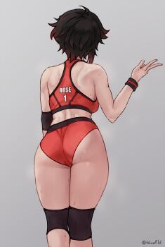 1girl ass back black_hair bluefield buruma facing_away grey_background highres knee_pads multicolored_hair red_hair ruby_rose rwby short_hair simple_background solo sports_bra sportswear streaked_hair sweat thighs volleyball_uniform