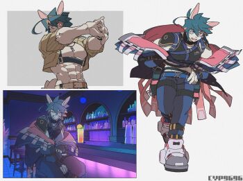 1boy abs alcohol bar_(place) bara bare_pectorals closed_eyes commentary cyp1a2 facial_mark furry furry_male grin hair_between_eyes hand_on_own_hip heterochromia highres looking_at_viewer male_focus multiple_views pectorals rabbit_boy shoes short_hair sitting smile symbol-only_commentary tokyo_houkago_summoners tu&#039;er_shen_(housamo)