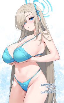 1girl absurdres asuna_(blue_archive) bare_shoulders blonde_hair blue_archive blue_bra blue_eyes blue_panties blue_ribbon blush bra breasts cleavage hair_over_one_eye hair_ribbon halo highres large_breasts long_hair looking_at_viewer mitsuba_minoru navel panties ribbon solo underwear very_long_hair